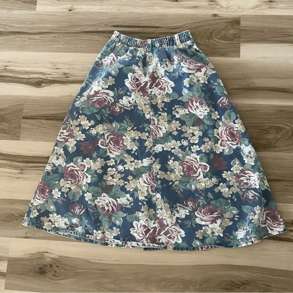 Vintage Vivaldi Jeanswear Floral Midi Length Denim Button up Skirt - Picture 4 of 9